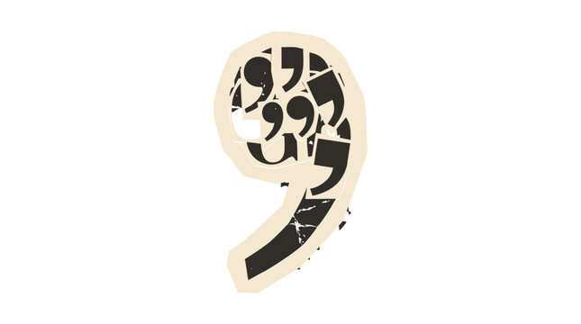 Vintage comma punctuation mark illustration, grunge typographic apostrophe symbol, retro black and beige literary vector art for writers