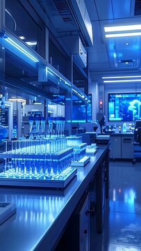 Blue Lit Laboratory with Test Tubes and Scientific Equipment