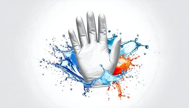 A white glove is centered, its fingers gesturing upwards, amidst dynamic blue and orange liquid splashes. The background is a gradient white