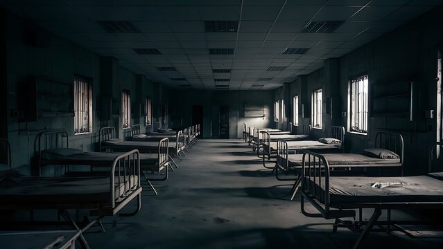 An abandoned hospital ward with rows of old metal beds, the room is dimly lit and has a gloomy, eerie atmosphere, created with generative ai