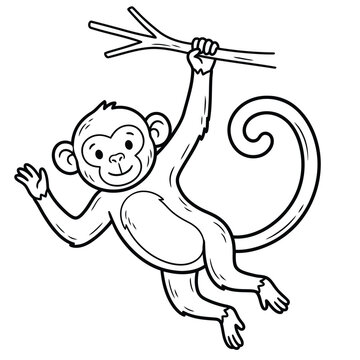 monkey on branch line art vector illustration