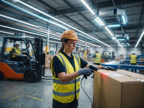A diligent female warehouse worker wearing a safety helmet and vest uses a handheld laser scanner to record parcel delivery information while operating within a busy industrial distribution