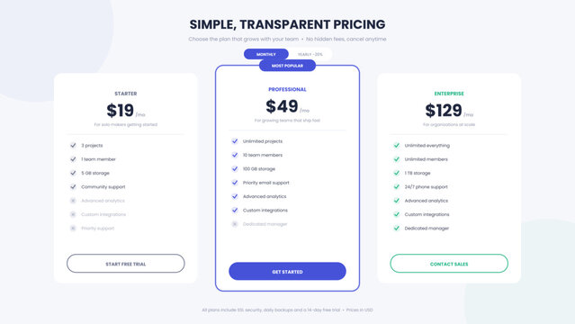 Pricing table template with three subscription tiers, feature comparison checklists, most popular badge, billing toggle, and call-to-action buttons. Editable vector layout for SaaS landing pages