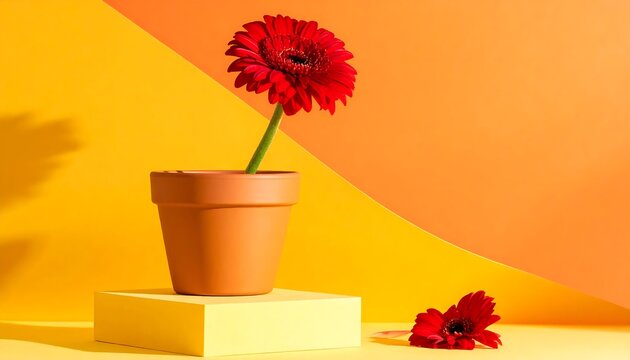 Red Flower in Terracotta Pot on Yellow Block with Colorful Background
