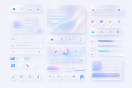 Modern Glassmorphism UI Kit with Dashboard Widgets and Mobile App Interface Elements