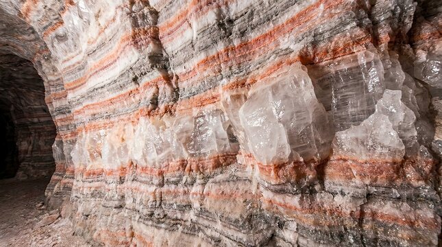 Layered Mineral Rock Formation Inside Natural Cave