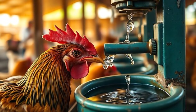 chicken drinking water from a drinker at chicken eco farm, free range chicken farm, CREATED WITH GENERATIVE AI