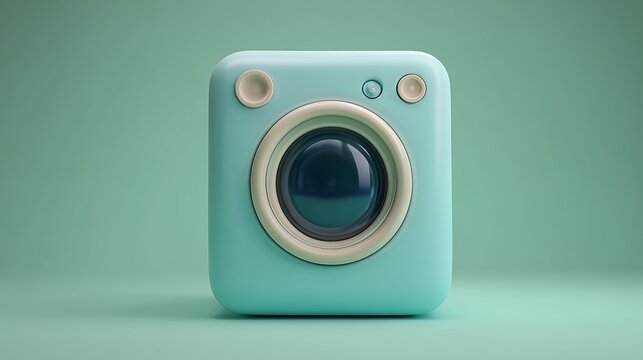 Simple 3D laundry machine icon with blue compact washing machine, clean modern clay style render, home appliance concept on soft mint green background.