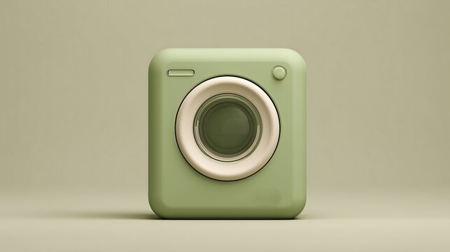 Minimal 3D home appliance washer icon with green mini washing machine, smooth matte finish, modern laundry concept on soft beige background.