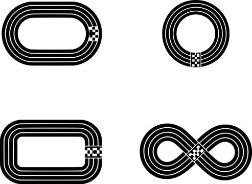 Four different racing track layouts on a white background, including oval, circle, rectangle and infinity loop circuits.