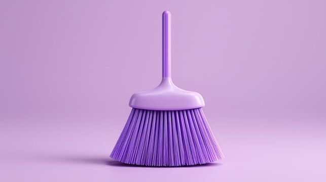Simple 3D home cleaning icon with purple broom, soft bristles and rounded handle, glossy minimal design on soft lavender background.
