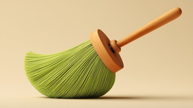 Minimal 3D sweeping tool icon with green broom, smooth matte finish, modern household cleaning concept on soft beige background.