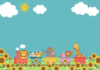 Naklejka premium 【ベクター】動物汽車のひまわりフレーム（夏・カラフル・青空・手描き販促素材）