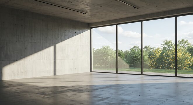 Modern Concrete Interior with Large Windows and Natural Sunlight Illuminating Space