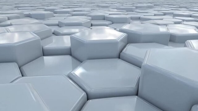 Abstract 3D white hexagonal pattern with raised glossy geometric shapes forming a modern tessellated background texture.