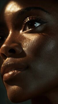 A young woman's face with intense focus and glossy makeup, highlighting her facial features.
