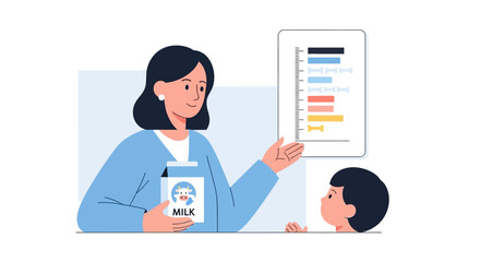 Obraz premium Nutritionist Explains Milk Benefits to Child with Growth Chart