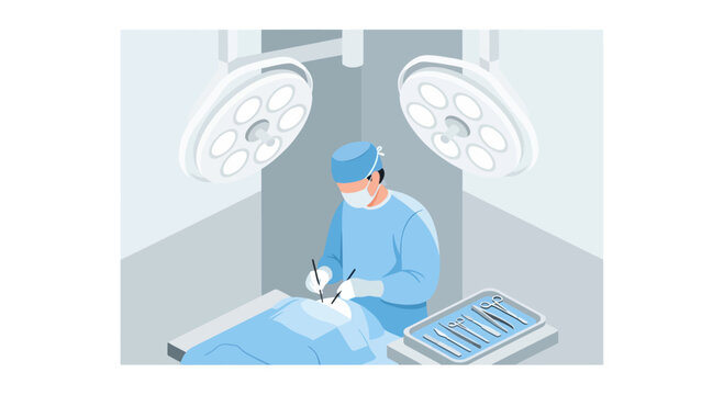Surgeon performing surgery in operating room with surgical lights and instruments