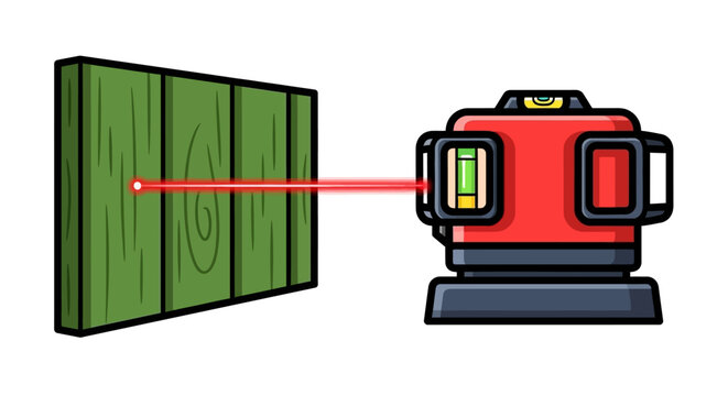 Laser level device projecting red beam on wall.