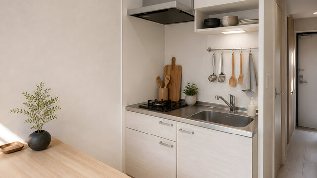 Compact Japanese Apartment Kitchenette with Clean Counter
