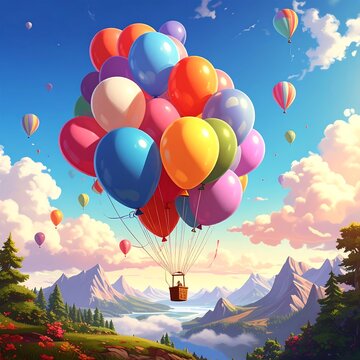 Colorful Hot Air Balloon Floating Over Mountains in a Sunny Sky