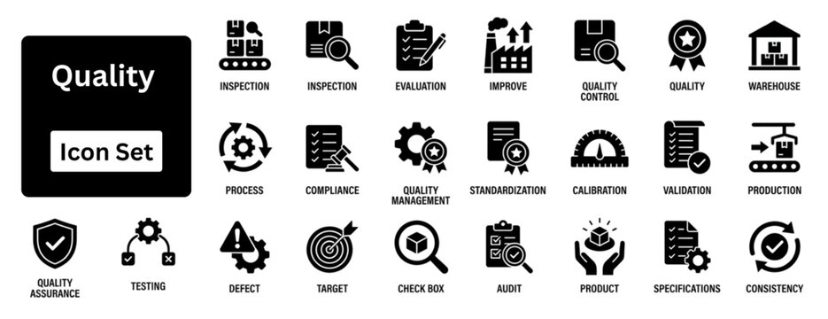 Silhouette vector of Quality icon set. Quality silhouette icon set. Quality control icon set. Containing inspection, evaluation, product, quality assurance, process, testing and more. 