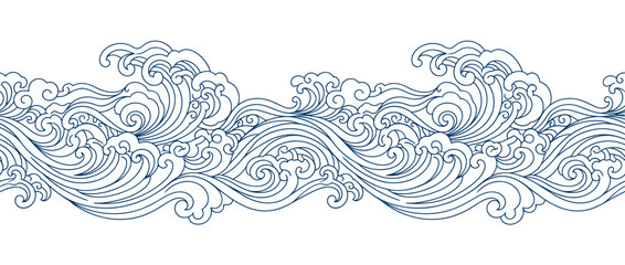 Traditional oriental ocean waves seamless border pattern © kucir