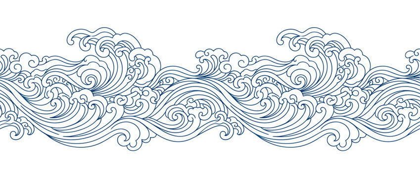 Traditional oriental ocean waves seamless border pattern
