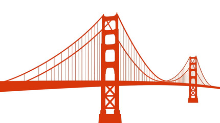 Fototapeta premium Minimalist orange silhouette of the Golden Gate Bridge in San Francisco, California, featuring suspension cables, towers, and roadway isolated on a white background for graphic design.