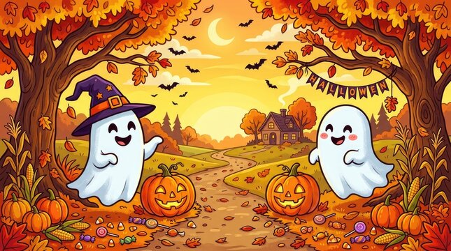 Happy halloween scene with smiling ghosts pumpkins and candy in autumnal setting