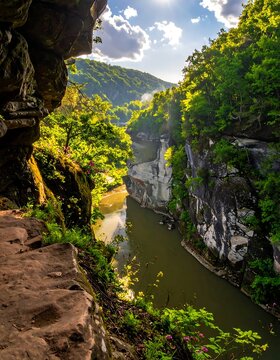River Canyon Flowing Through Lush Gorge