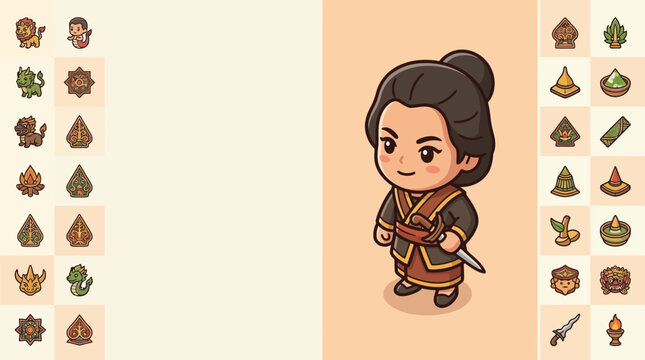 Flat Vector Illustration of a Cute Chibi Indonesian Warrior Holding a Kris Dagger, Set Against a Grid of Cultural Icons including Barong, Naga, Wayang Symbols, and Traditional Food.