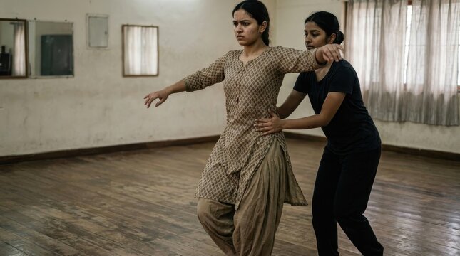 Young Indian woman in traditional patterned kurta and salwar practicing classical dance in a studio with wooden floors while an instructor in black attire adjusts her posture.