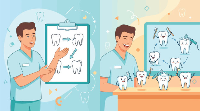 Flat vector illustration of a male dentist showing a tooth treatment plan on a clipboard and a group of cute cartoon tooth characters learning about dental hygiene and oral care.