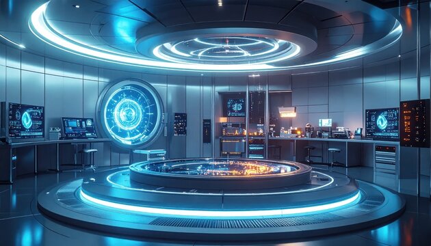 Futuristic circular laboratory interior with glowing displays, machinery, and workstations