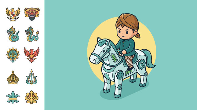 Modern flat vector illustration of a cute chibi Javanese boy in traditional blangkon and batik riding a white robotic horse with Indonesian cultural icons and symbols set.