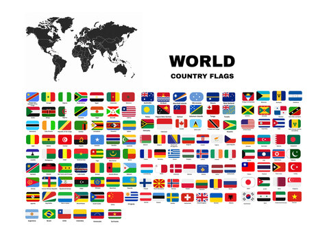 world map and flags. World Flags of Europe, America, Asia, Africa, Oceania round icons, colorful national flag symbols, educational global diversity infographic vector, usa, uk, france
