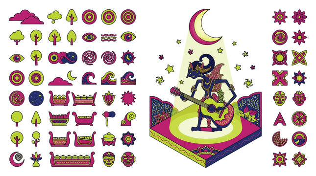 Modern Naive Vector Illustration of an Indonesian Wayang Kulit Puppet Playing Guitar on a Stage with Moonlit Spotlight Surrounded by Colorful Abstract Icons and Folk Art Symbols.