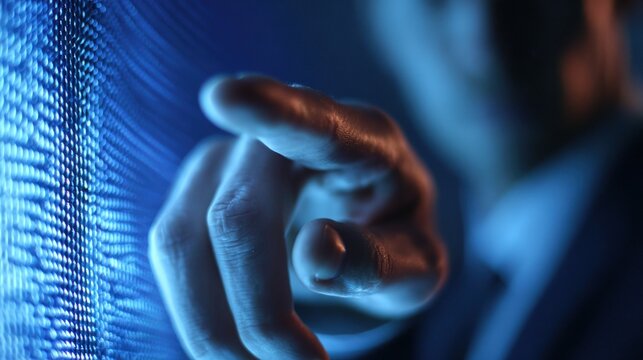 Human finger reaching toward digital blue pixelated screen.