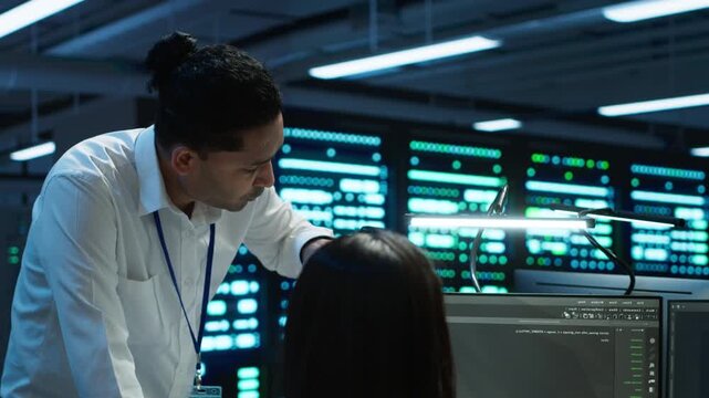 IT team monitors cybersecurity risks within a server infrastructure workspace, aligning network security, data protection and traffic monitoring as part of enterprise server administration