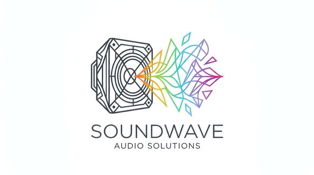 Creative audio branding logo design featuring modern geometric speaker and sound wave flow.