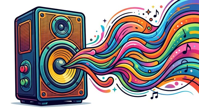 Detailed loudspeaker emitting colorful rainbow flow of sound waves and musical notations.