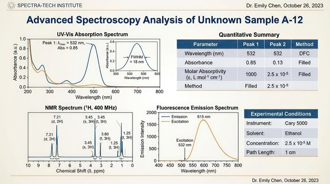 Advanced spectroscopy analysis report for unknown chemical sample with data visualizations.