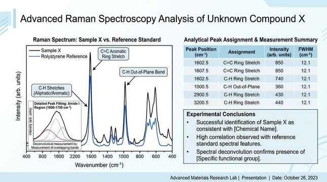 Educational slide about raman spectroscopy analysis of unknown compound x with data chart.