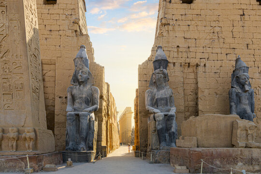 The magnificent entrance gateway (First Pylon) of the Luxor Temple, a massive ancient Egyptian temple complex situated on the east bank of the Nile River in ancient Thebes, no modern-day Luxor, Egypt