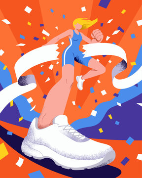 Female athlete running breaking finish line tape with oversized white sneaker sports marathon confetti.