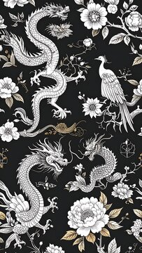 Dragons and Phoenix Amidst Floral Pattern on Black