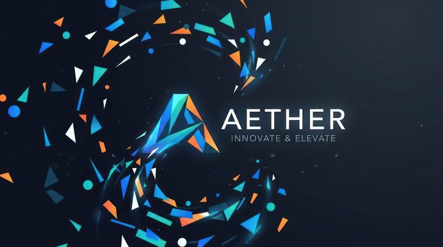 Aether geometric letter a logo design with swirling triangular fragments on background.