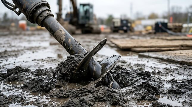 Muddy Auger Drill Bit on Construction Site