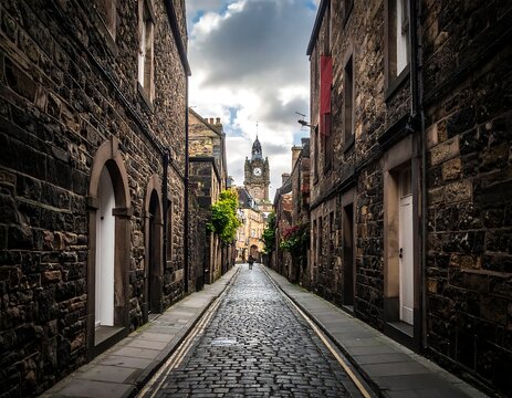 Narrow Cobblestone Street in Historic Old Town with Buildings and Clock Tower